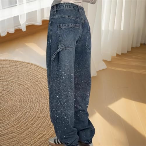 Women's Casual Rhinestone Loose Jeans, High Waisted Rhinestone Jeans for Women, Boyfriend Baggy Wide Straight Leg Denim Pants4