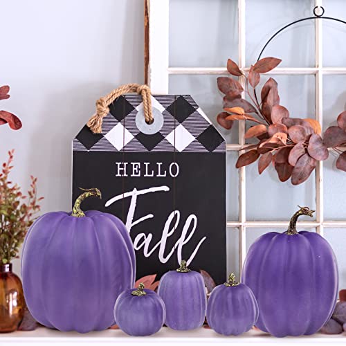 Image of Winlyn 7 Pcs Assorted Sizes Purple Artificial Pumpkins and Gourds Decorative Halloween Pumpkins Foam Pumpkins for Gifts Chic Halloween Thanksgiving Fall Wedding Table Centerpiece Mantel Shelf Decor