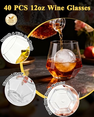 Image of BESTSTAR 40 PCS Clear 12 Oz Diamond Plastic Wine Whiskey Glasses | Stemless Unbreakable Disposable Wine Glasses for Party,Ideal for Weddings, Christmas, Halloween,Holidays,pool party,Daily Use