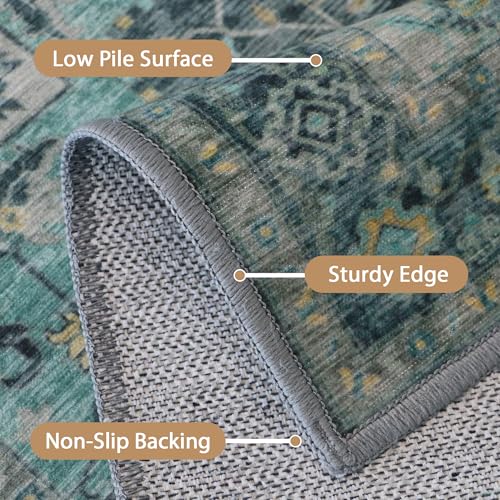 GENIMO 7'6''x9'6'' Area Rugs for Living Room, Machine Washable Non Slip Vintage Rugs, Low Pile Lightweight Chenille Print Rug for Bedroom, Dining Room, Home Office, Dark Green