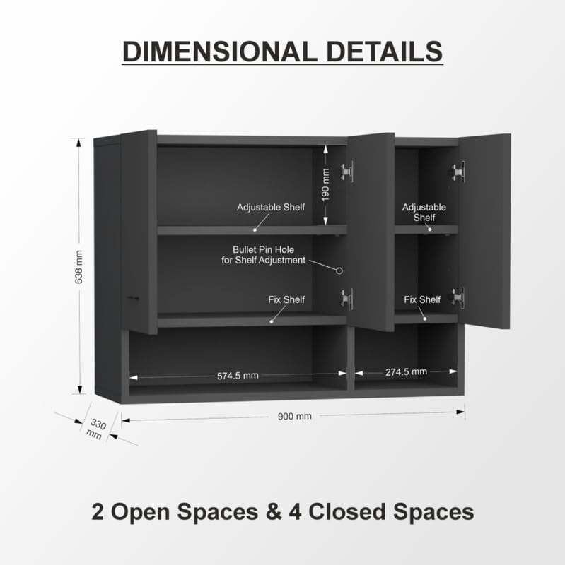 Image of 3 Door Multipurpose Wall Mounted Cabinet with Adjustable Shelf | Storage for Kitchen, Bathroom, Bedroom, Office & Living Room | Assembly-DIY | Color-Grey | Size-90x33x63.8 Cm
