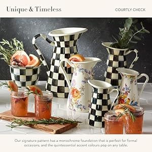 MACKENZIE CHILDS Practical Enamel Pitcher with Spout Drink Pitcher for Iced Tea or Water Flower Vase Large Black and White Courtly Check