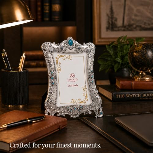 Image of Diviniti Vintage Silver Photo Frame with Blue Crystal Accents | Antique Decorative Tabletop Picture Frame | Ornate Floral Metal Frame for 4x6 Inch Photos | Luxury Home Decor Gift for Living Room & Bedroom