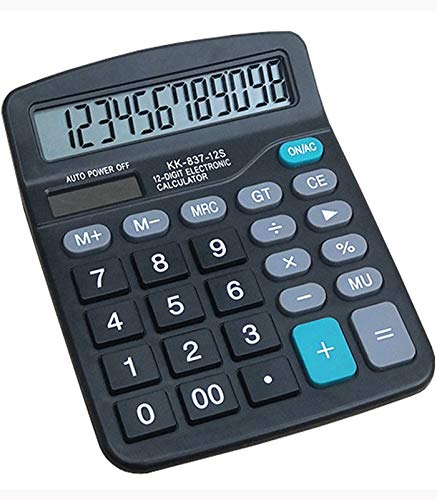 HZFJ Calculator, 12-bit Solar Battery Dual Power Standard Function Electronic Calculator with Large LCD Display Office Calculator Black (KK-837B, 1PACK?one 1.5v Battery)
