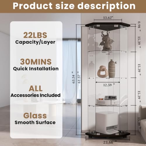 Image of LFT HUIMEI2Y 4-Tier Glass Corner Cabinet with Lock, Display Case Black