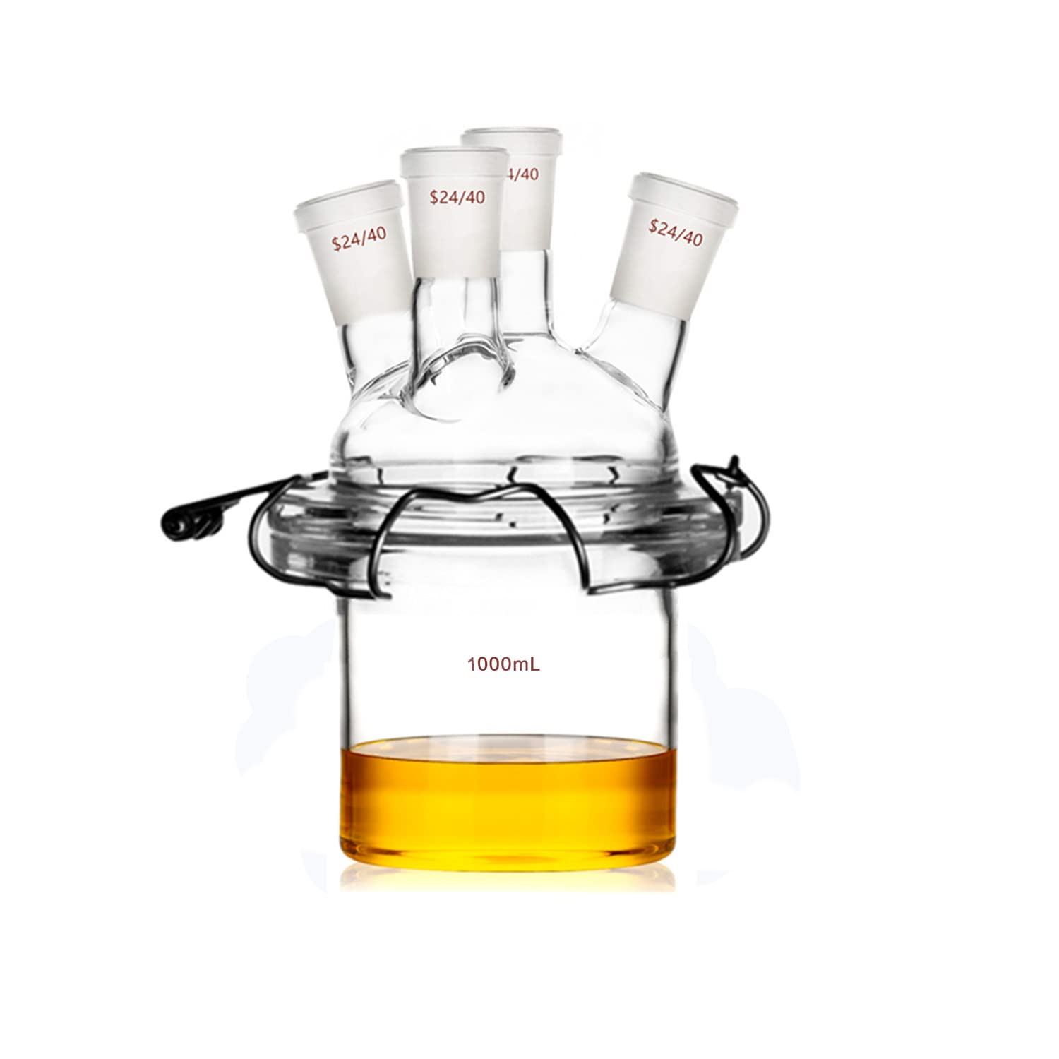 24/40 Glass Cylindrical Reactor 4-Neck Flat Bottom Lab Reaction Vessel Four Necks W/Lid and Clamp