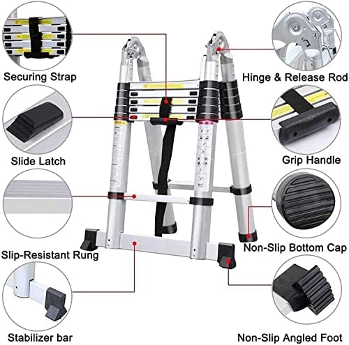 RALPHS® Telescopic Extendable Folding Portable Aluminium Ladder with Stabiliser Bar (3.8M/12.5FT) EN131 And CE Standard