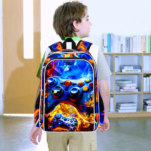 Image of 17 inch Gamer Backpack for Boy, 3Pcs Fire Bookbag for Elementary Preschool Kindergarten, Kids School Backpacks with Lunch Box (Red)