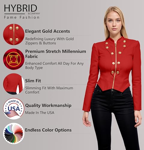 Hybrid & Company Women's Fashion Military Crop Premium Ultra Stretch Gold/Sliver Millennium Zipper Up Dressy Blazer Jacket2
