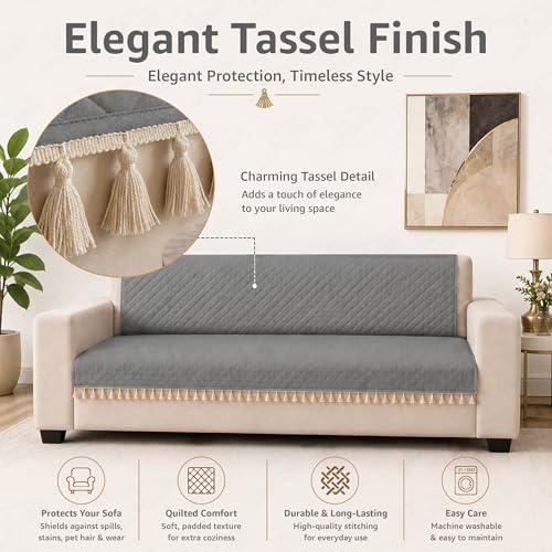 Image of Lukzer Quilted Sofa Cover Mat with Tassels for 2 Seater Sofa - Stone Grey | Soft Washable Anti-Slip Protector for Living Room | Furniture Cover for Back-Seat Slipcover 120X150CM / SC-193-2T