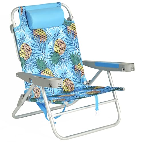 Image of SUNNYFEEL Extra Wide 28 inch Low Beach Chair 5 Position Lay Flat, XL Oversized Portable Folding Camping Chairs with Cup Holder for Outdoor /Trip, Lightweight Foldable Backpack Beach Chair for Adults