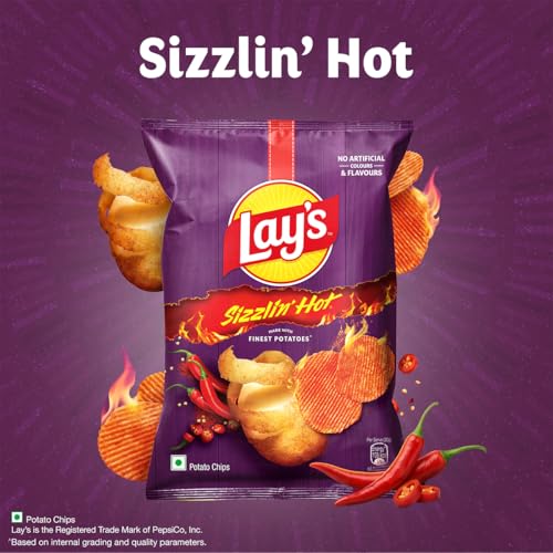 Image of Lay's Sizzlin' Hot Potato Chips 48g /52.9g, Crispy Wavy Chips and Snacks (Pack of 3)
