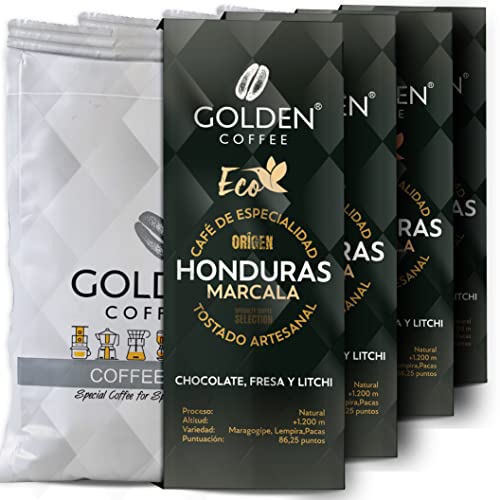 Golden Coffee - Pack de 4 Bolsas de 250 g de Café en Grano Orgánico - Café Tostado Origen Honduras Marcala - Café de Especialidad en Grano Arábica 100% - Sabor a Chocolate y Puntos de Caramelización