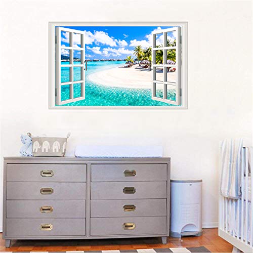 3D Beach Seascape Fake Windows Wall Stickers Removable Faux Windows Wall Decal Landscape Wall Decor For Livingroom Bedroom (Beach Seascape) #TOP2