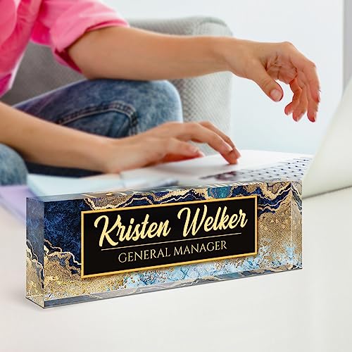 Image of Name Plate for Desk, Desk Name Plate Personalized, Office Decor for Women Men, Acrylic Desktop Accessories, Office Appreciation Gifts for Boss Social Workers Nurse Teacher Employee (Blue /Gold)