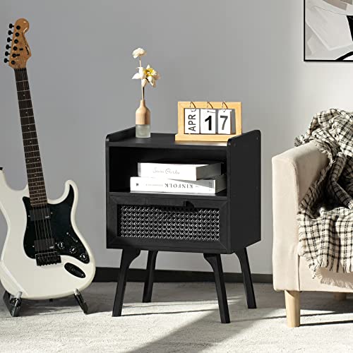 Image of Lerliuo Rattan Nightstands Set of 2, Boho Side Table with Drawer Open Shelf | Cane Accent Bedside End Table with Solid Wood Legs for Bedroom, Dorm and Small Spaces (Black)