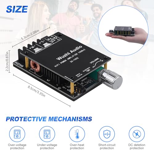 Image of ZK-1002 Bluetooth 5.0 Audio Amplifier Board, 100W x 2 2.0 Channel Mini HiFi Power Amplifier Receiver with Volume Control, BT and AUX Inputs, DC 5-27V Stereo AMP Module for Home DIY Speakers