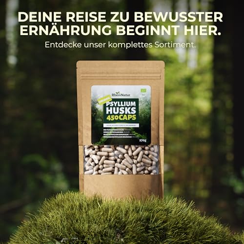 RheinNatur Bio Flohsamenschalen Kapseln - 450 Stk hochdosiert (3.000 mg je Portion) - Hergestellt in DE - Psyllium Husk Ballaststoffe – Flohsamen Kapseln