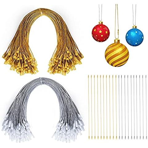 Lemonfilter 200pcs Christmas Ornament Hanger,Silver Ornaments Hooks and Gold Christmas Ornament Hangers String Ornament Precut Hanging Ropes with Snaps Locking for Christmas Tree Ornament Decorations Cover