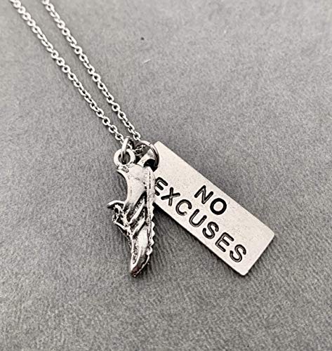 Pewter RUN with NO EXCUSES Dog Tag Style Necklace - Pewter Running Shoe Charm with Pewter Pendant 18 inch Stainless Steel Cable Chain - All Pewter3