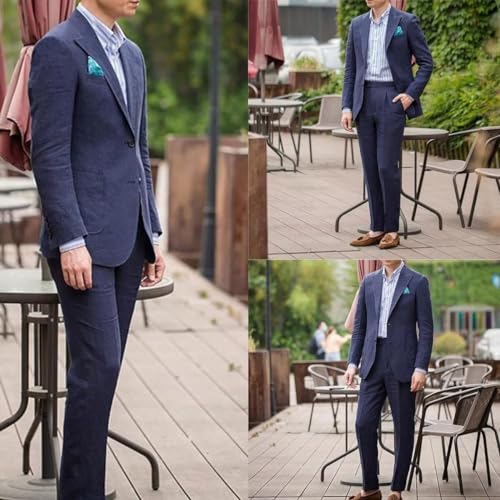 Mens Linen Suits 2 Piece Beach Wedding Blazer Summer Grooms Classic Lightweight Breathable Jacket Pants4