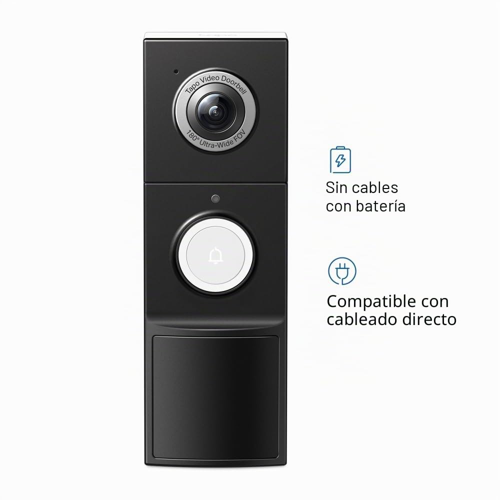 Tapo D235 2K 5MP Timbre de Puerta inalámbrico 180°DFOV Ultra-Wide Video Doorbell inalámbrico o con Cable, batería de 210 días, Timbre de Anillo Incluido, Vista de pies a Cabeza IP66, detección de IA