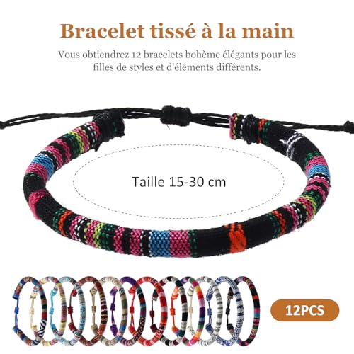 TONAUP Lot de 12 bracelets d'amitié tissés bohèmes, fabriqués à la main, réglables, multicolores, pour femmes, hommes et enfants – vue 2