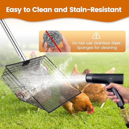 Image of 15 inch Extra Large Chicken Poop Scooper with Ergonomic Grip,5-in-1 Heavy Duty Adjustable Coop Scoop for Poop (24 to 68 inch), Stainless Steel Sifting Litter Shovel Scoop for Chicken Coop