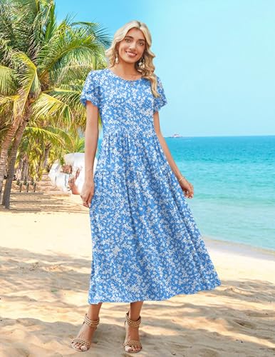 Image of Zeagoo Summer Dresses for Women 2026 Maxi Bohemian Floral Short Sleeve Long Dress Casual Flowy Tired Beach Sundress