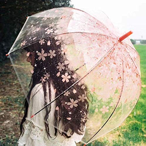 Preisvergleich Produktbild Gwill Regenschirm Frauen Transparent Klar Kirschblüten Pilz Sakura Sonnenschirm Regen Langgriff Halbautomatische Regenschirme (Rosa)