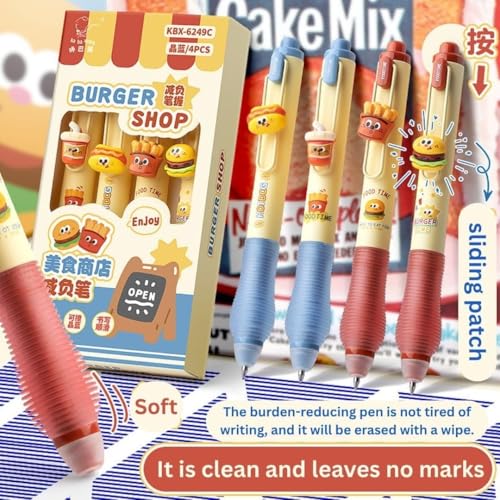 Image of Cute Burger Theme Ball Pens Set of 4, 0.5mm Blue Ink Erasable Smooth Writing Pens with Soft Grip Kawaii Cartoon Gel Pens for Kids,school,office,college,journaling,birthday Return Gifts