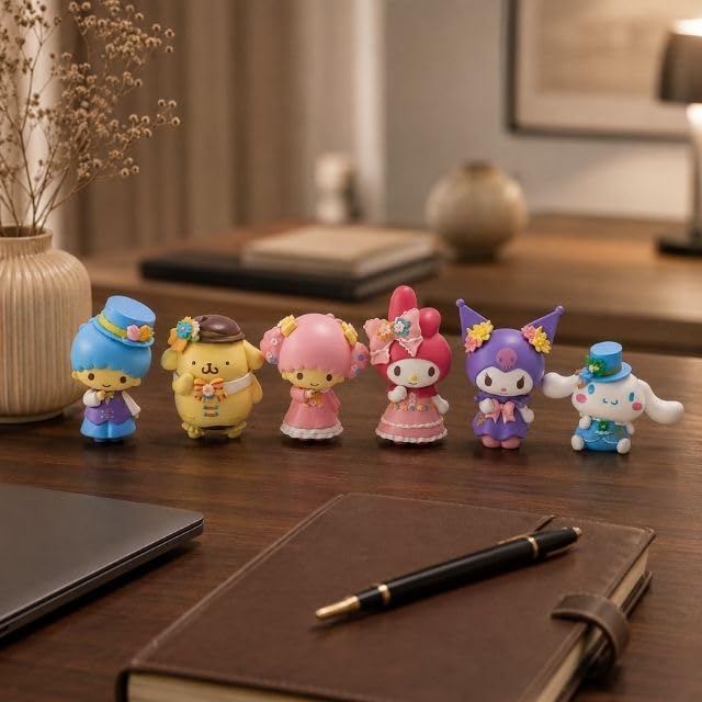 Image of Awestuffs Spring Flower Kuroomi Mini Figurine Set | Pastel Decorative Toy Collection | Desk Decor, Cake Topper & Gift for Kids & Collectors (Set of 6)