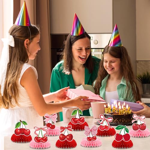 Image of Cherries Birthday Party Decorations - 9 Pcs Pink Bow Honeycomb Centerpieces for Girls Women Sweet Cherries Table Ornaments Sets Happy Paper Fruit Theme Supplies Red Coquette Display Decors