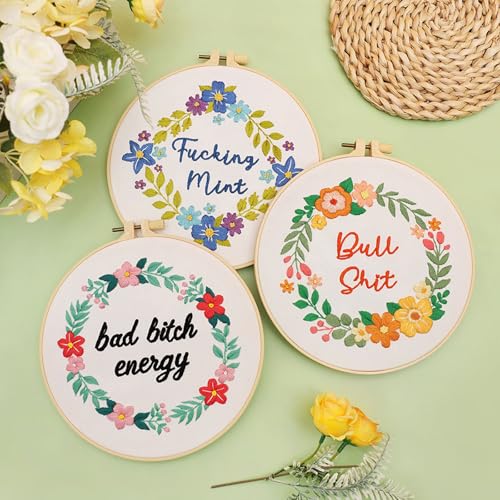 Image of Louise Maelys 3 Sets Funny Embroidery Kits for Beginners,Cross Stitch Kit with Adults,DIY Arts Craft with Flower Wreath Pattern,Including Cloth,Hoop,Instructions and Threads