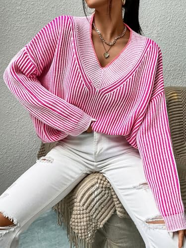 Image of Cakulo Womens Fall 2025 Oversized Striped V Neck Sweaters Long Sleeve Knit Color Block Trendy Pullover Sweater Top