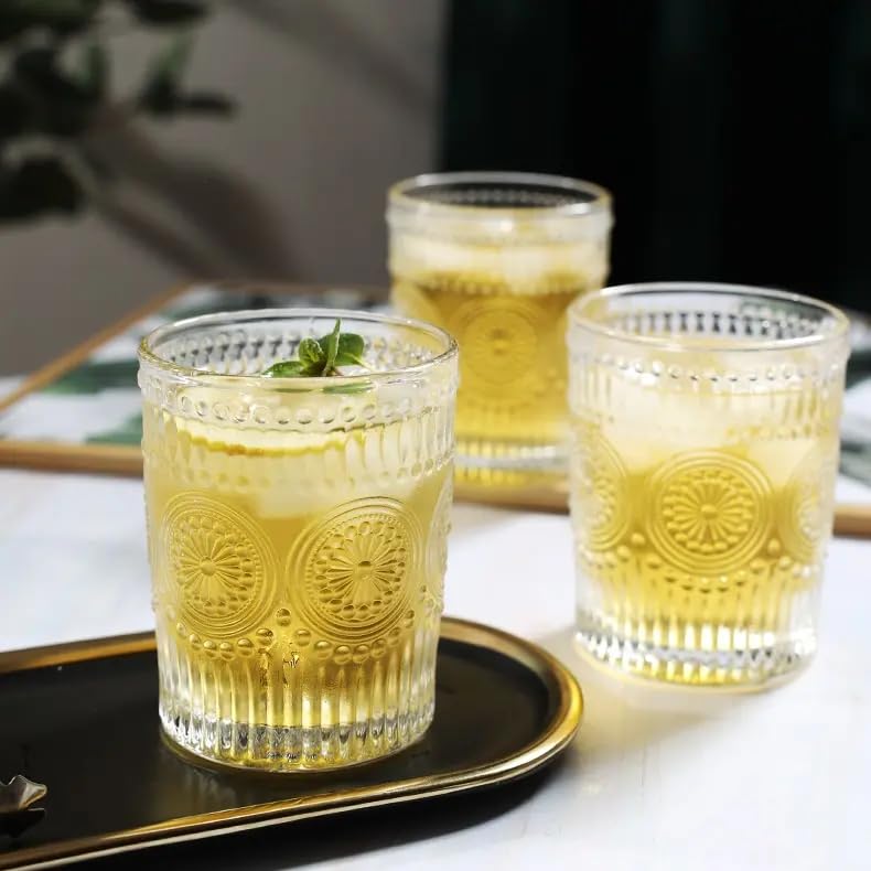 Image of Whiskey Glasses Set of 6 pcs- 300 ml Bar Glass for Drinking Bourbon, Whisky, Scotch, Cocktails, Cognac- Old Fashioned Cocktail Tumblers (4, Embossed)