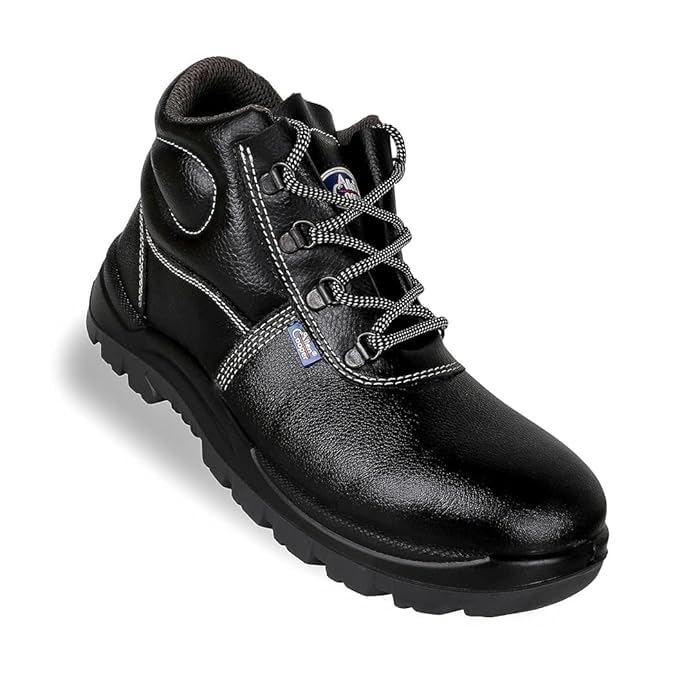 Allen Cooper AC-1008 High Ankle Steel Toe Safety Boots for Mining Construction | 200J Impact Resistant Double Density PU Sole | ISI Certified Ankle Protection Work Shoes Men Black Booty Print Leather