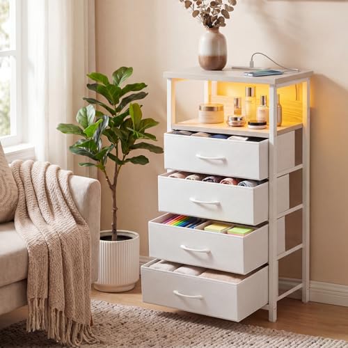 Image of Fixwal Tall Nightstand with Charging Station, Night Stand with U-S-B Ports and Outlets, 4 Fabric Storage Drawers with PU Finish, Small Dresser Bed Side Table, White