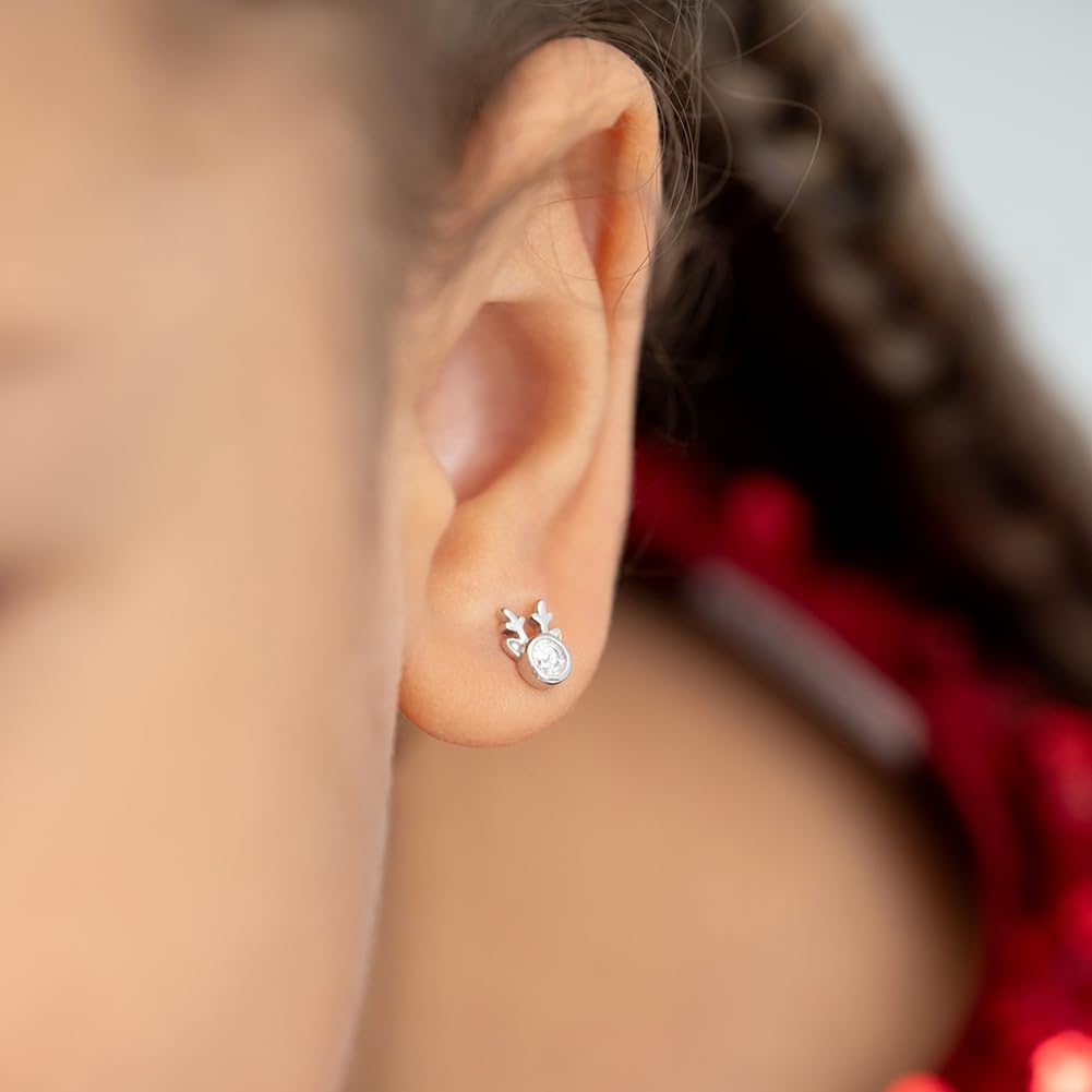 925 Sterling Silver Clear Cubic Zirconia Holiday Reindeer Safety Screw Back Earrings For Children - Little Girls Christmas Themed Earrings