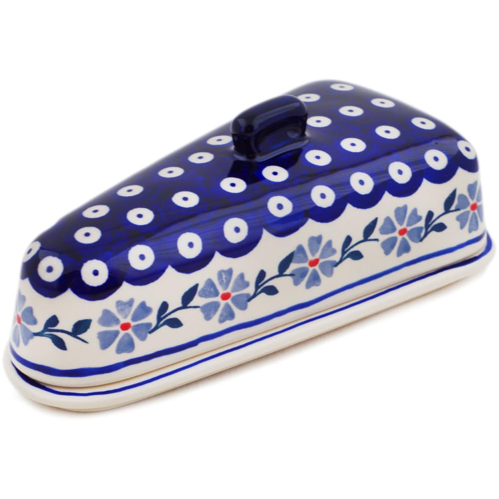 Authentic Polish Pottery Cheese Dish in Peacock Forget-Me-Not Design Handmade in Boles?awiec Poland + Certificate of Authenticity