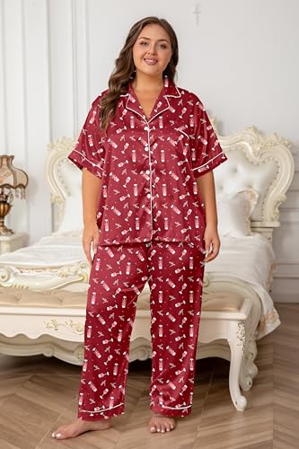 Image of Vozanet Women's Button Down Satin Pajama Sets Silky Short Sleeve Top & Pants Plus Size Loungewear Classic Sleepwear XL to 5XL