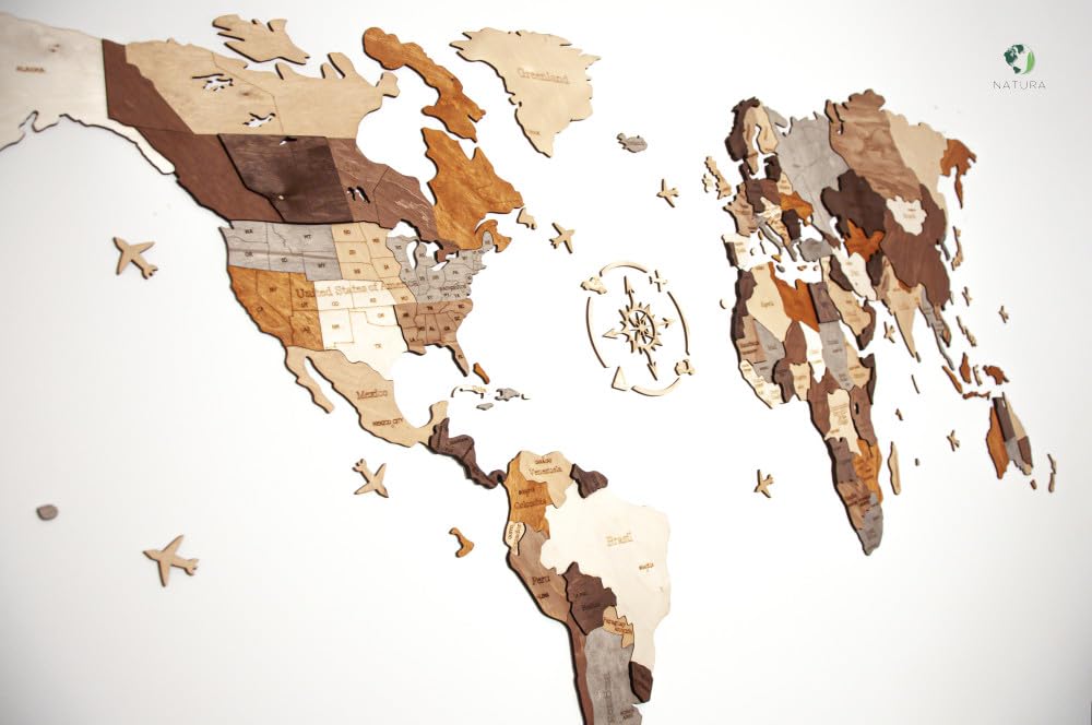 Natura Products Drewniane puzzle 3D, mapa świata – dekoracja ścienna z drewna z kompasem – [małe, 130 x 70 cm, duże 200 x 110 cm) (200 x 110 cm)