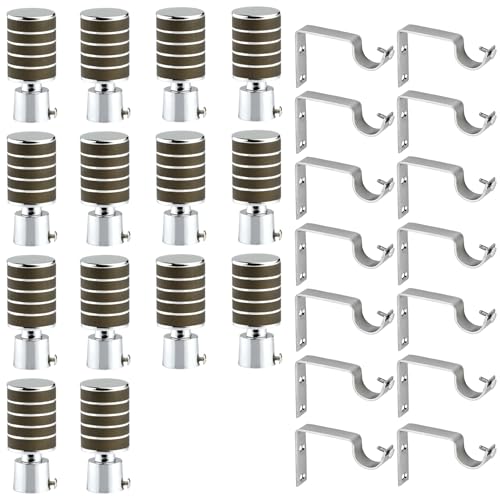 Image of GRIVAN Stainless Steel Wooden Finish Curtain Bracket Parda Holder with Support 1 Inch Rod Pocket Finials Designer Door and Window Rod Support Fittings, Curtain Rod Holder (Wooden Finish, Pair of 7)