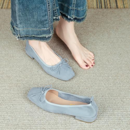 Women Closed Squared Toe Bowknots Ballet Flats Slip On Low Chunky Heels Party Daily Wear Ballerina Shoes Size 4-16 US3