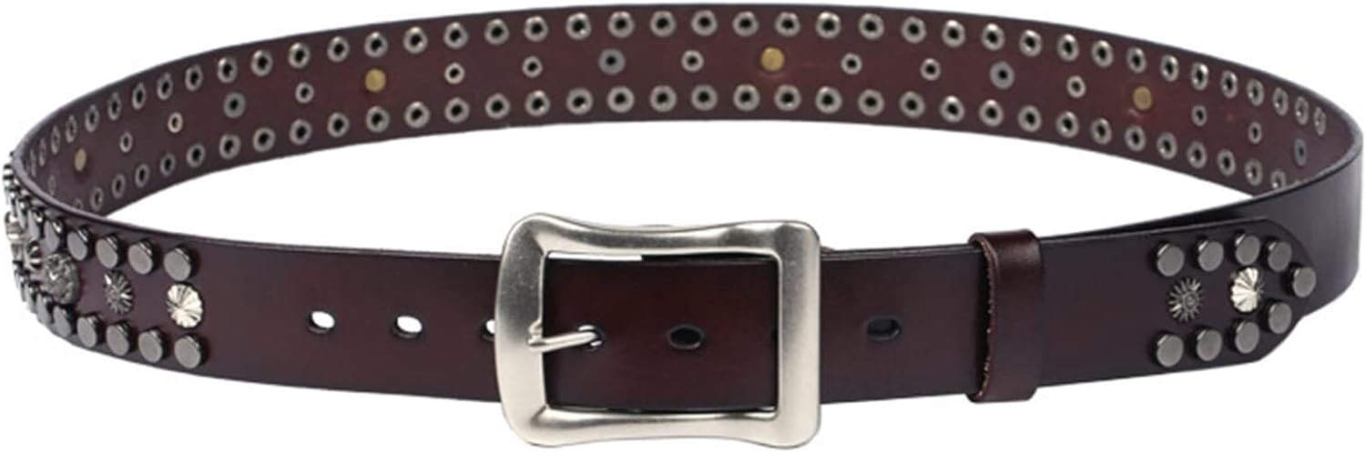 Punk Gothic 3 Row Studded Belt Skull Cross Carved Flower Rivet in Circular Arrangement with Scratch Resistant Buckle