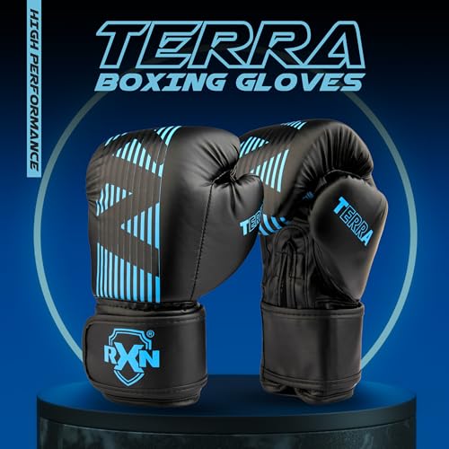 Image of RXN Terra Boxing Gloves, Pro Training & Sparring (Black /Blue, 14oz) | High-Density Foam Padding | Shock Absorption | Attached Thumb | Enhanced Hand Protection