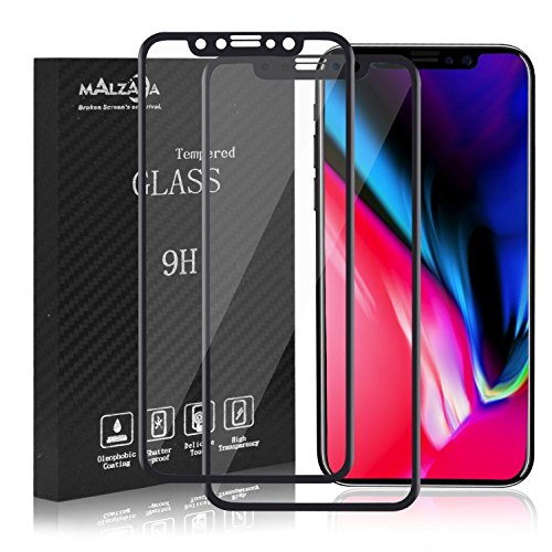 Malzaha DE0157 Full Coverage Tempered Glass Screen Protector, Film Edge to Edge Protection for iPhone X Tempered Glass - Black - 2 Piece