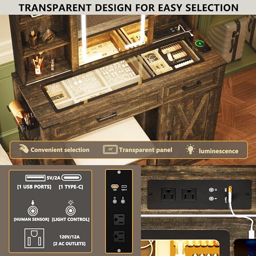 Farmhousemakeupvanitywithchargingstationvanitysetwithstoolslidingmirror3brightnesslightslargestorageglasstopdressingtablewithdrawersandshelvesforwomengirlsdarkoak Urban Country Home Decor Farmhouse makeup vanity with charging stationvanity set with stoolsliding mirror3brightness lightslarge storage glass top dressing table with drawers and shelves for womengirlsdark oak urban country home decor