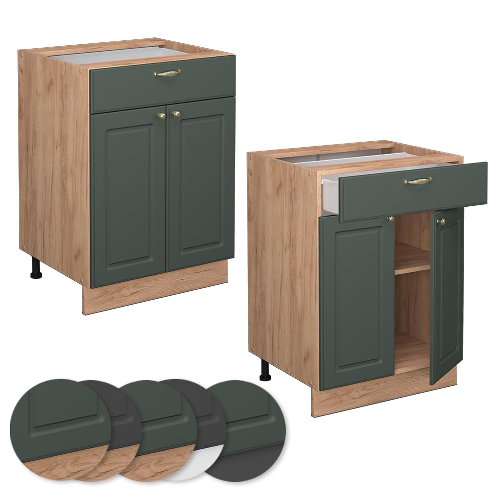 Vicco Mueble bajo de Cocina Fame-Line, Verde Dorado Casa de Campo, 60 cm con cajón, sin encimera, para Combinar con Otros módulos de la Serie Fame-Line