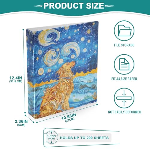 Image of Golden Retriever Starry Night 3 Ring Binder with 2 Interior Pockets 1.5 inch Binders 3 Ring Heavy Duty Fit 8.5 inch x 11 inch Letter Size for Office School, 2 Pack